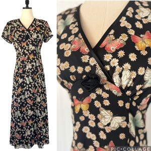 Vintage 90's Black Floral Butterfly Print Maxi Dress Size Medium Satin Rosette